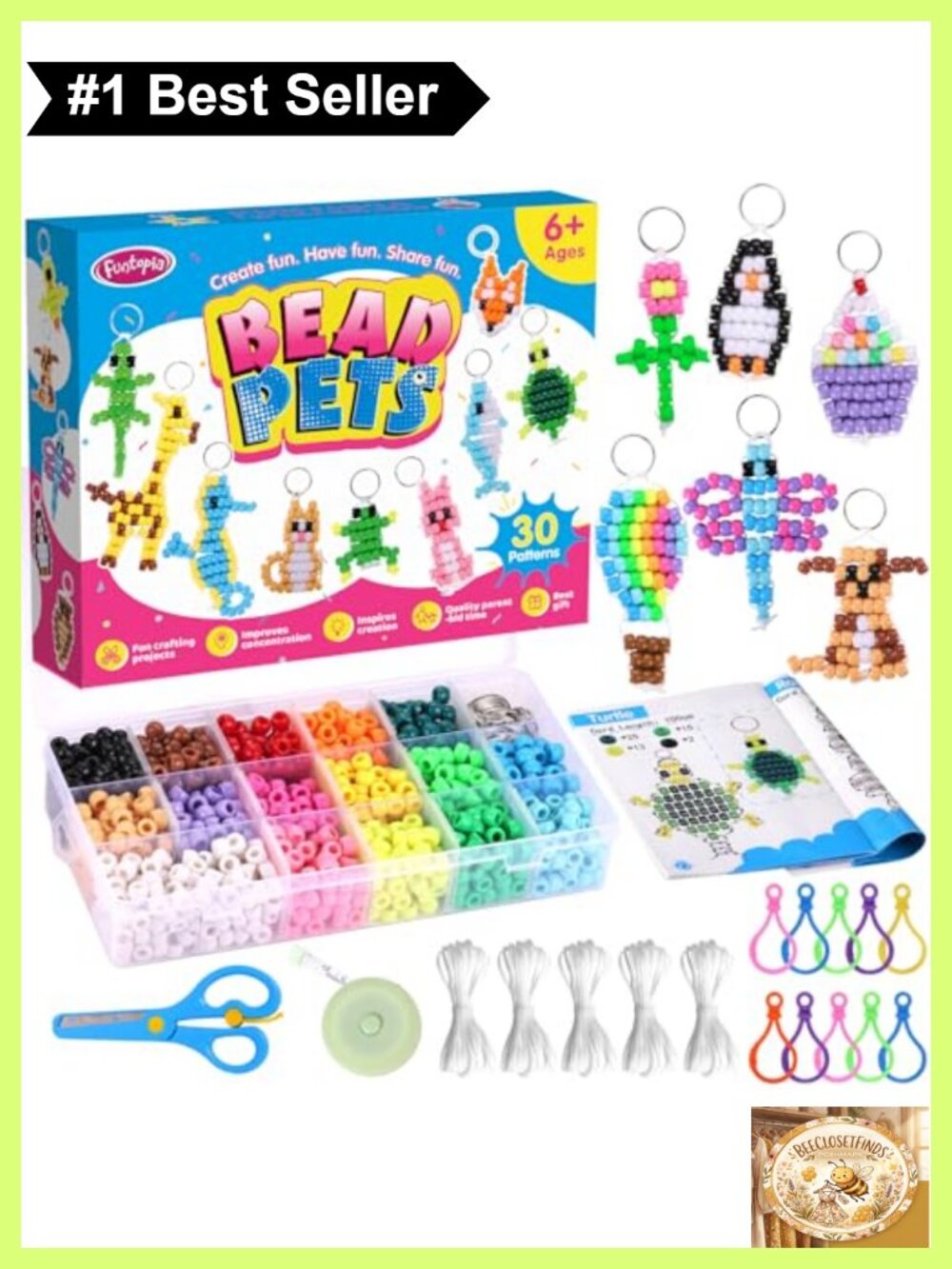 Pony Beads Keychain Making Kit 1500 Beads 30 Patterns PVC Cord